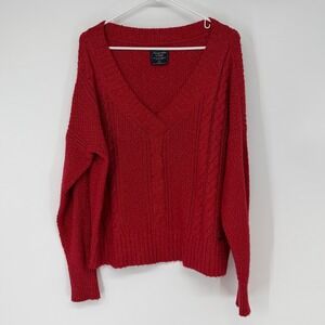 Abercrombie Fitch Red V Neck Cable Knit Sweater Women's Size XL Preppy Y2K